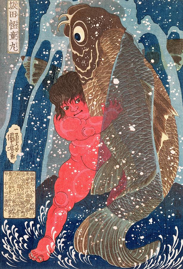 Koi Painting - Kintoki Swims up the Waterfall by Kuniyoshi