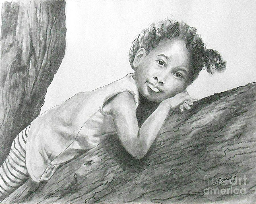 Kirikou, Dreaming -- Portrait of Little African-American Girl Drawing by Jayne Somogy