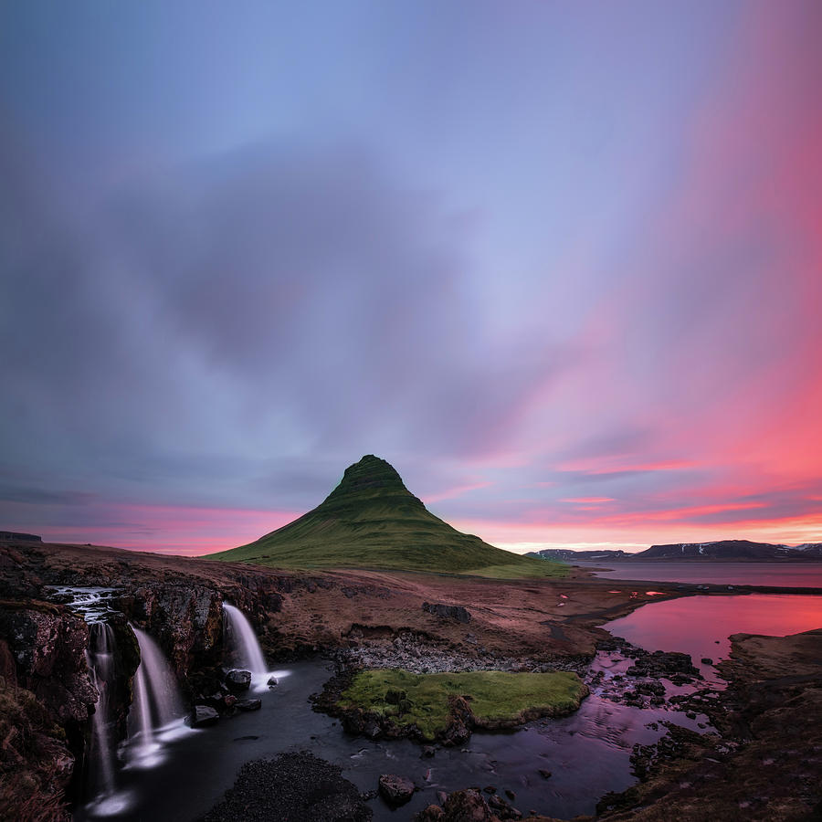 Mountain Photograph - Kirkjufellsfoss Waterfalls Iceland square version by Larry Marshall