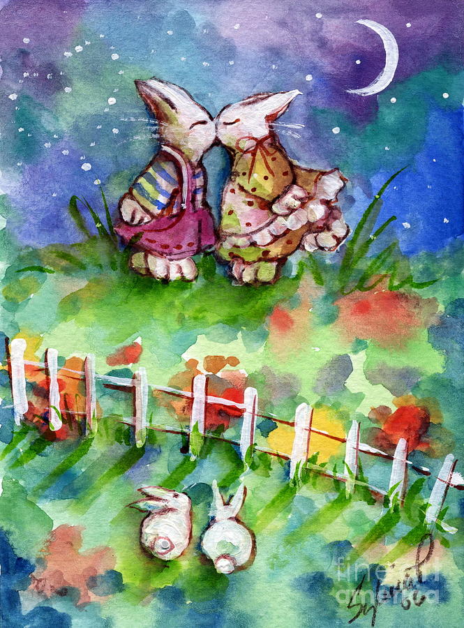 Kissing Bunnies Painting by Follow Themoonart Kissing Bunnies Painting by Follow Themoonart