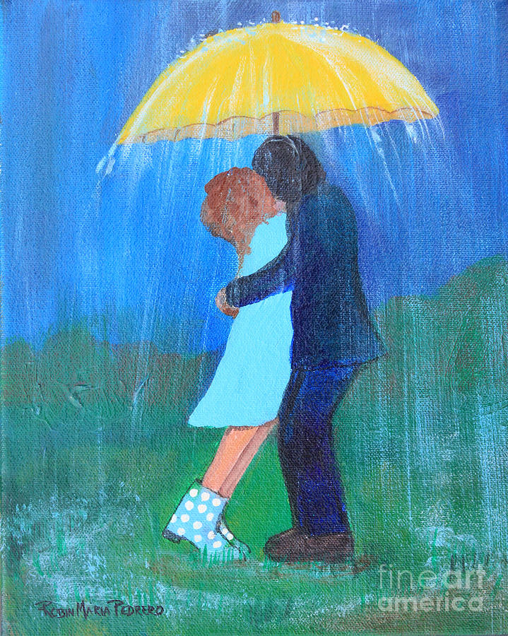 Kissing Under Yellow Umbrella Painting by Robin Pedrero