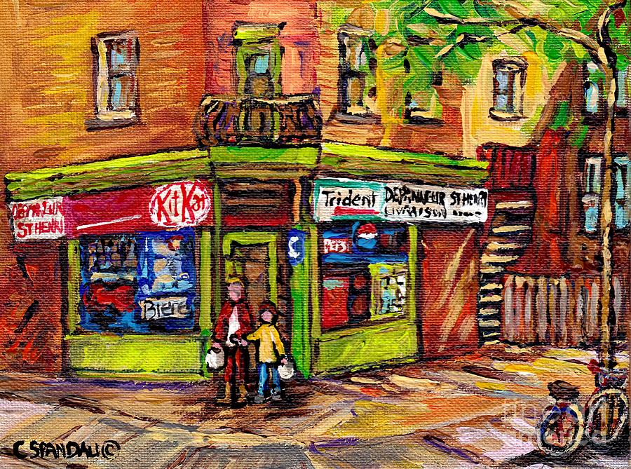 Kit Kat Corner Store Paintings St Henri Depanneur Best Canadian Original Art For Sale Montreal Scene Painting by Carole Spandau
