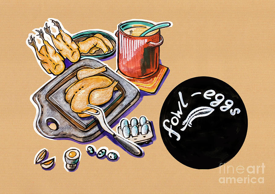 Kitchen Illustration Of Menu Of Fowl  Products  Drawing by Ariadna De Raadt