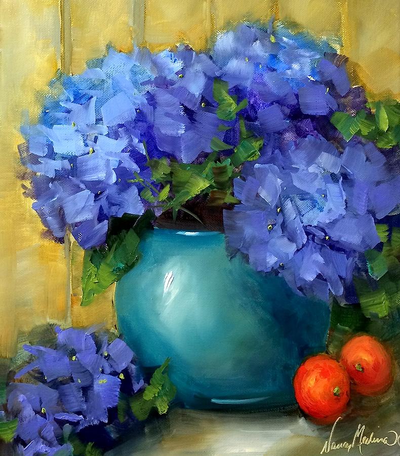 Kitchen Nook Blue Hydrangeas Painting by Nancy Medina