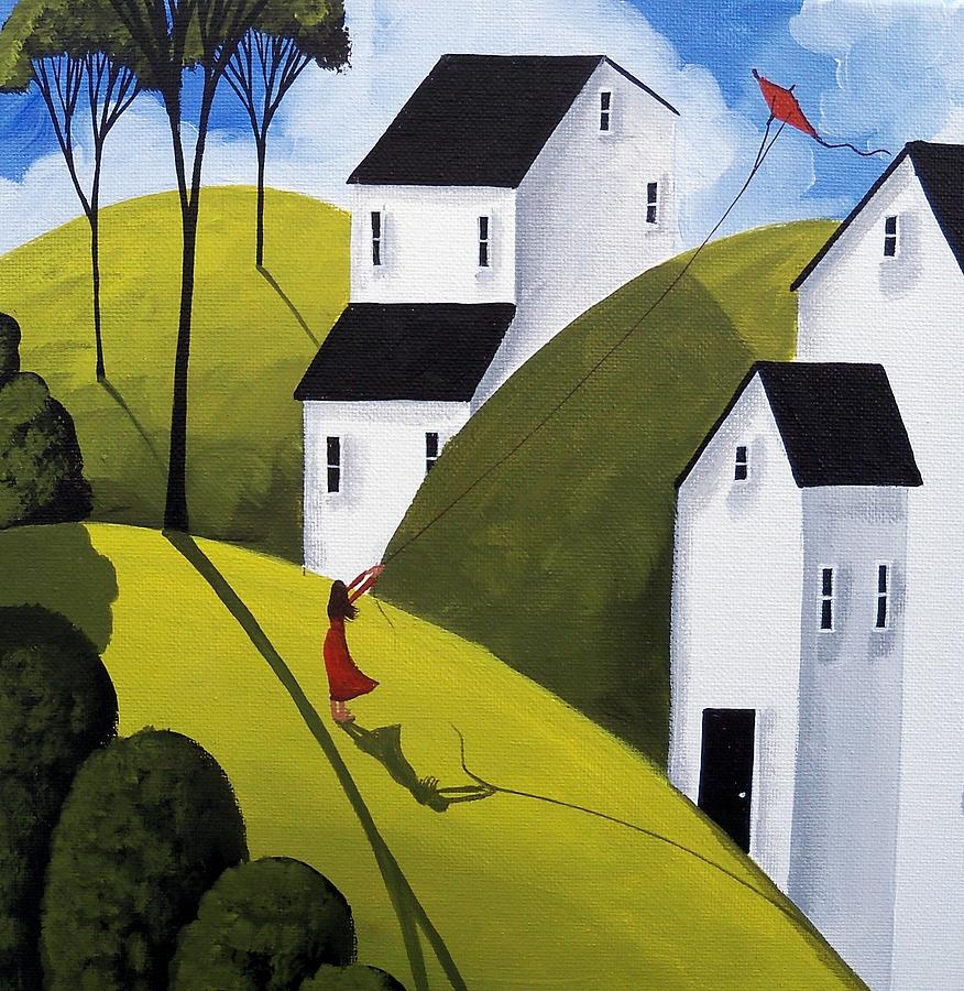 Kite Day - folk art landscape Painting by Debbie Criswell