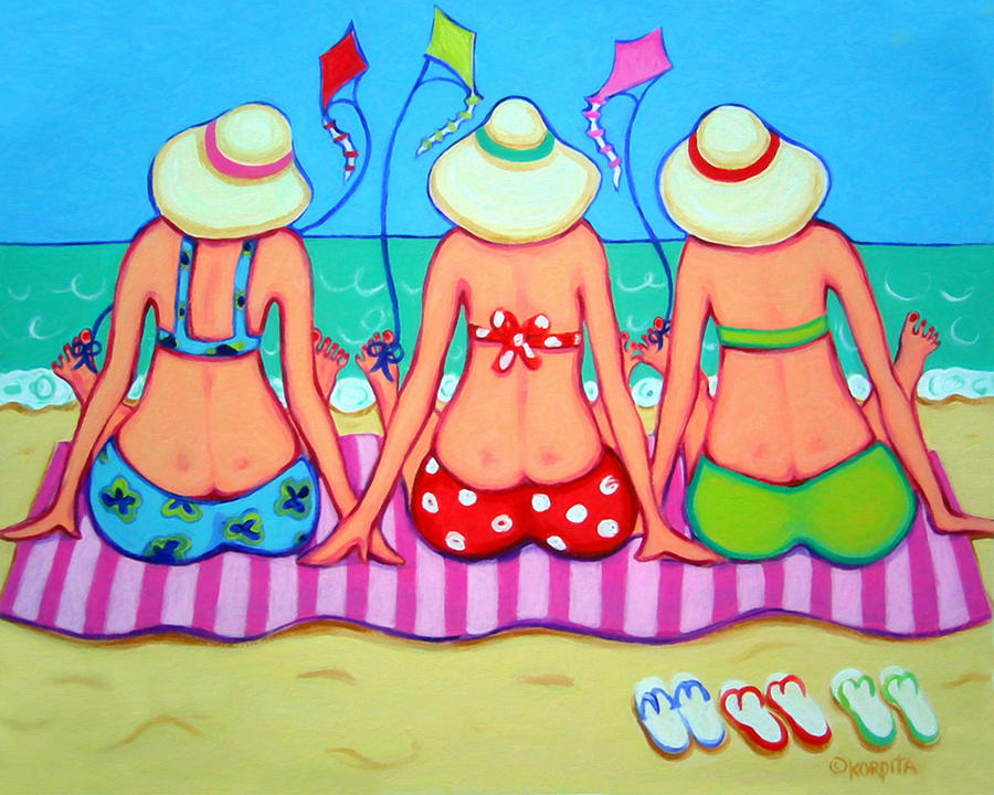 Kite Flying 101 - Girlfriends on Beach Painting by Rebecca Korpita