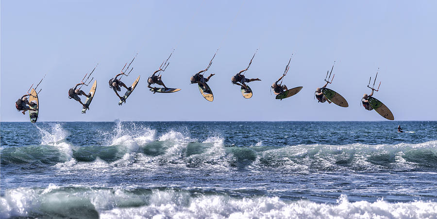 Sports Photograph - Kite Surfer 9 shot panorama by Russ Dixon