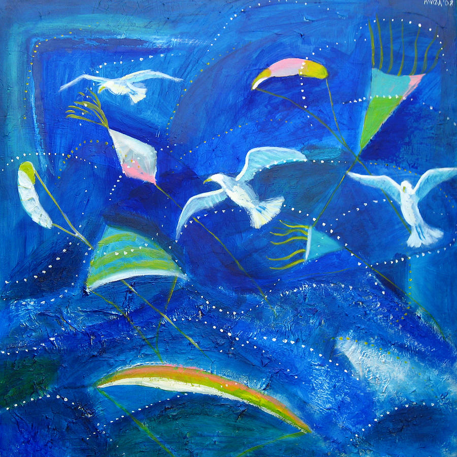 Seagull Painting - Kites and seagulls over Pacific by Aliza Souleyeva-Alexander Seagull Painting - Kites and seagulls over Pacific by Aliza Souleyeva-Alexander