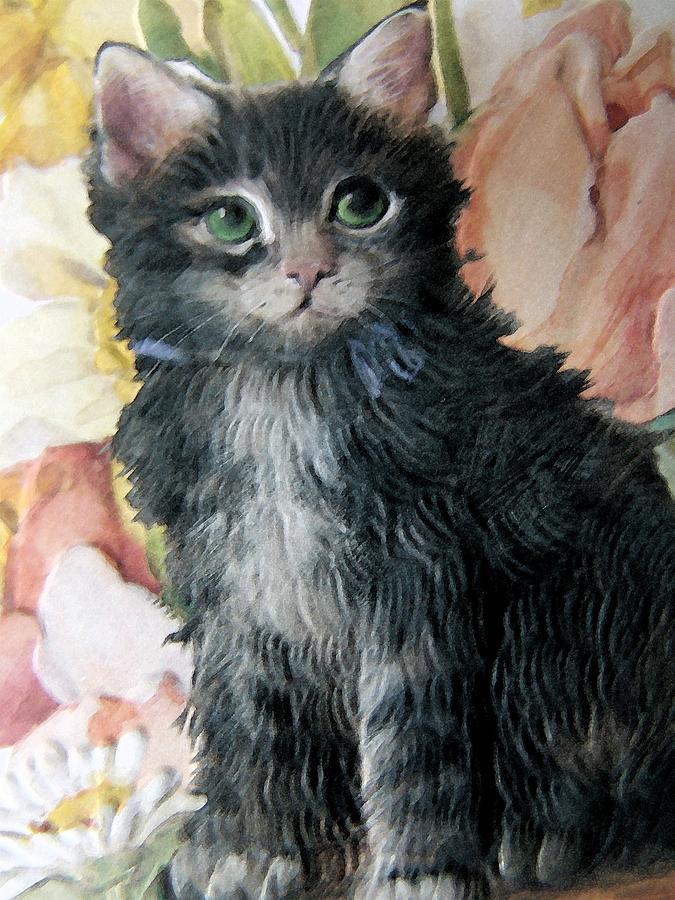 Kitten And Floral Mixed Media by Florene Welebny