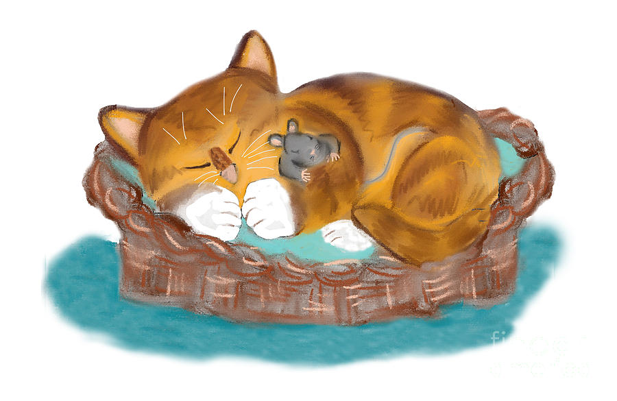 Mouse Digital Art - Kitten and Mouse Nap in the Cat Basket by Ellen Miffitt