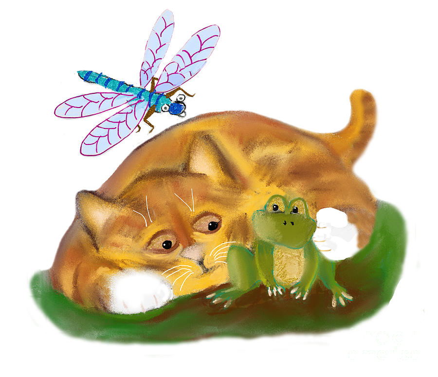 Kitten Hugs a Frog as Dragonfly Buzzes Digital Art by Ellen Miffitt