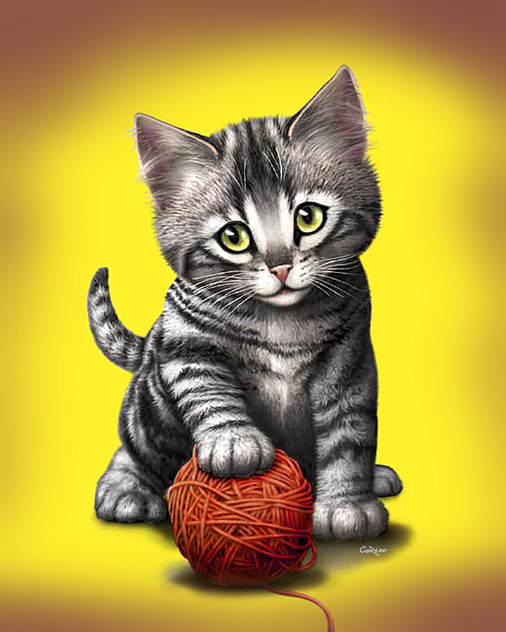 Kitten Playing With Ball Of Yarn Digital Art by Walt Curlee