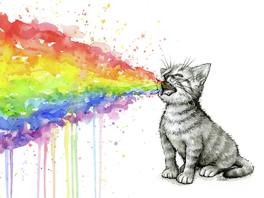 Cat Painting - Kitten Tastes the Rainbow by Olga Shvartsur