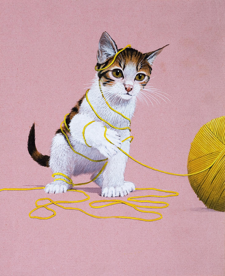Kitten with Ball of Wool Painting by English School