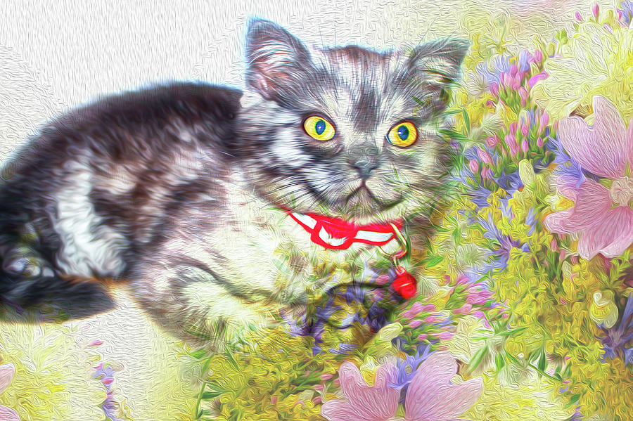 Kitten With Flowers Digital Art