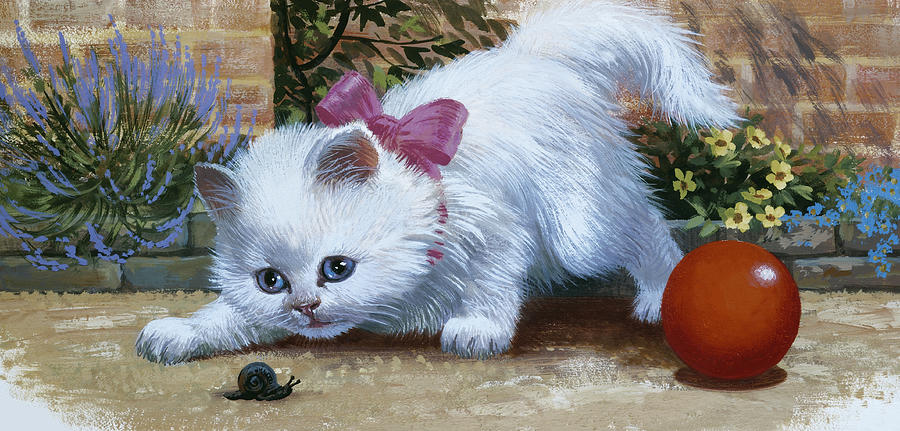 Cat Painting - Kitten with snail and ball by English School