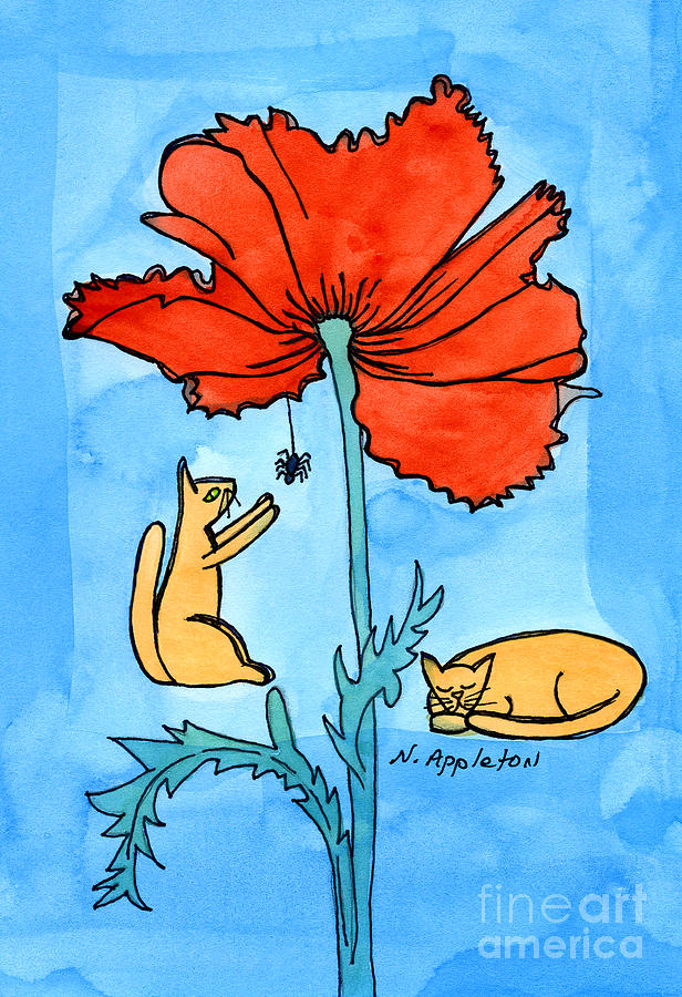 Kitties and the Poppy Painting by Norma Appleton