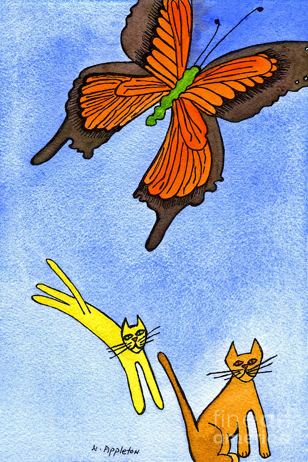 Kitties Chasing Butterfly Painting by Norma Appleton