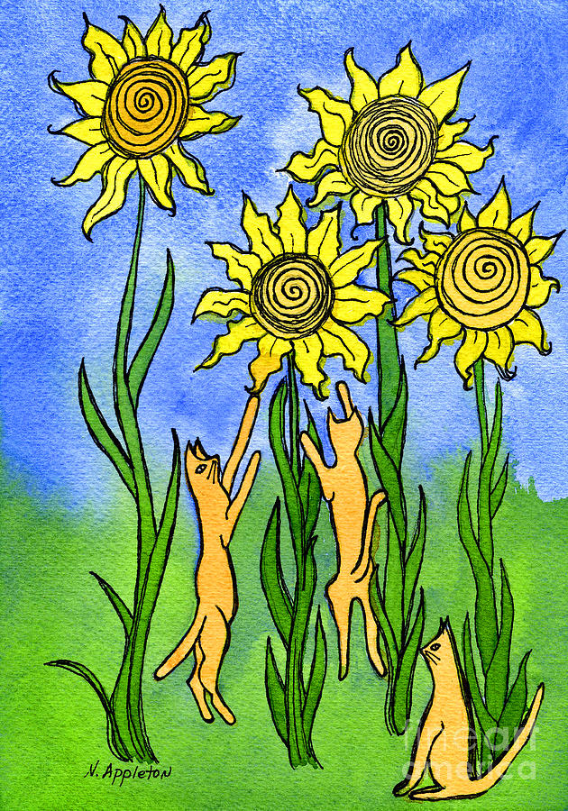 Kitties Climbing Flowers Painting by Norma Appleton