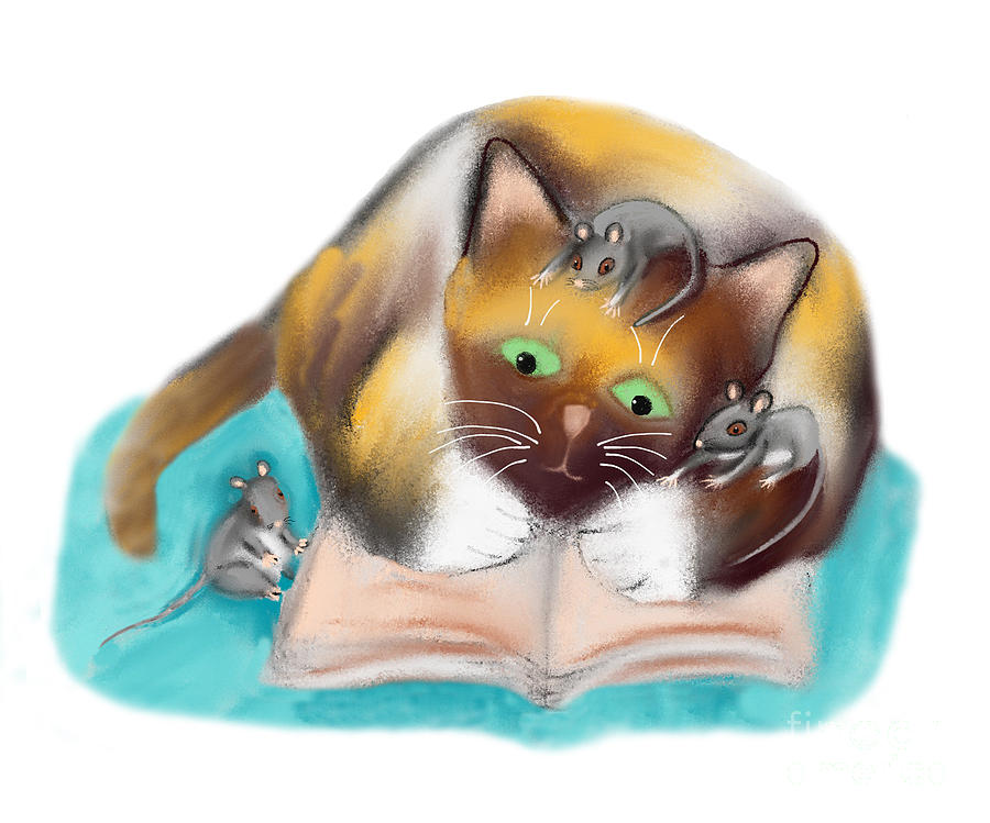 Kitty and Mice are Bookworms Digital Art by Ellen Miffitt