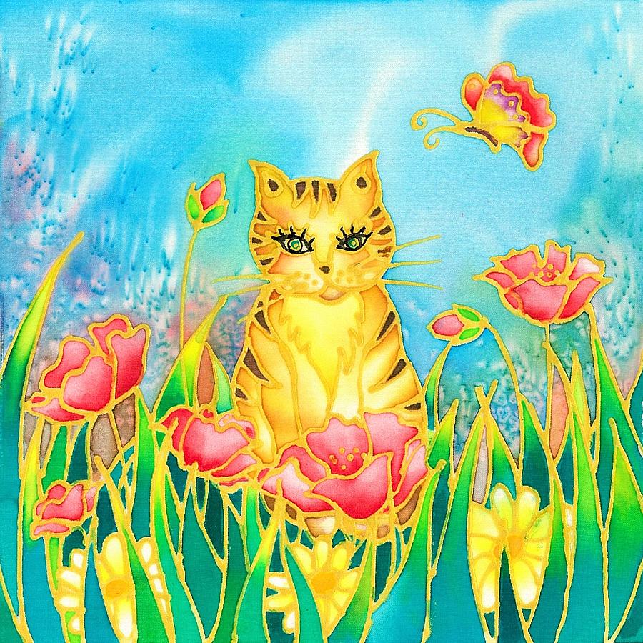 Kitty and poppies Painting by Hisayo OHTA