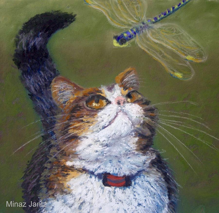 Kitty and the Dragonfly close-up Painting by Minaz Jantz