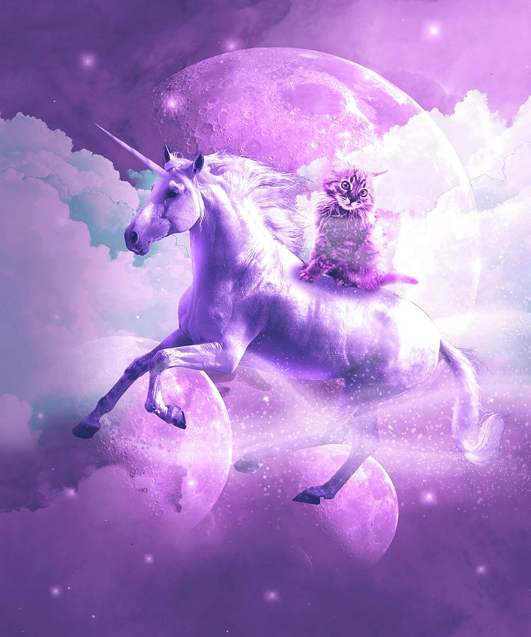Kitty Cat Riding On Flying Space Galaxy Unicorn Digital Art by Random
