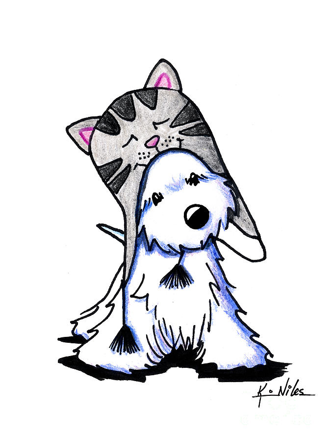 Kitty Hat Westie Drawing by Kim Niles aka KiniArt