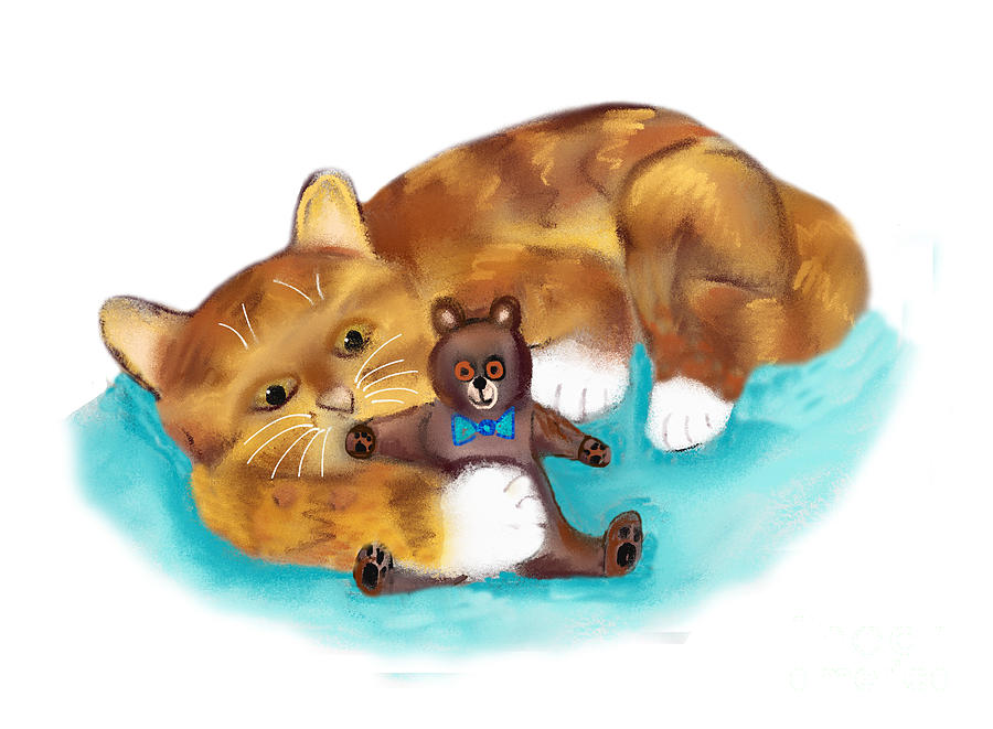 cat hugging teddy bear