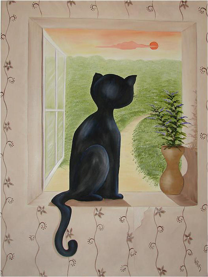 Cat Painting - Kitty in the Window by Karen R Scoville