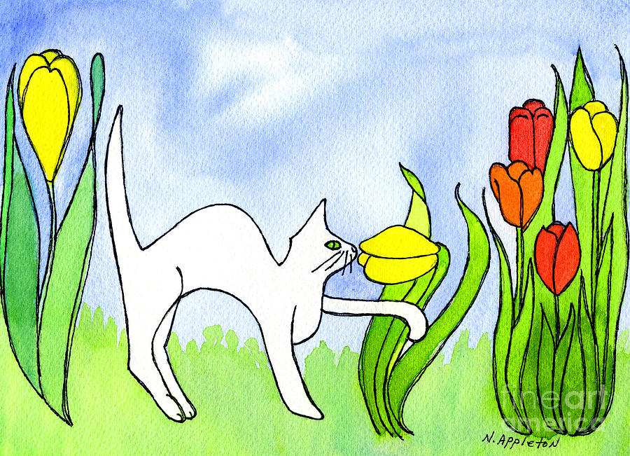 Kitty Sniffing Tulips Painting by Norma Appleton