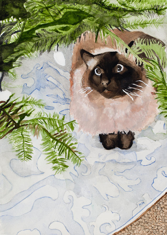 Cat Painting - Kitty Under The Christmas Tree by Marcella Morse