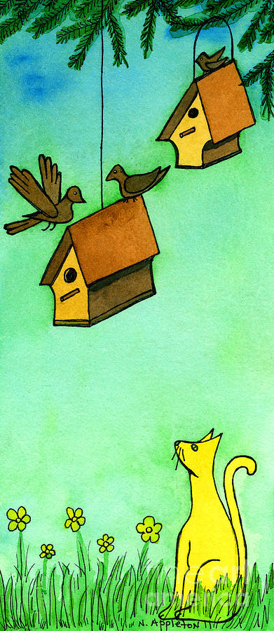Kitty Watching Bird Houses Painting by Norma Appleton