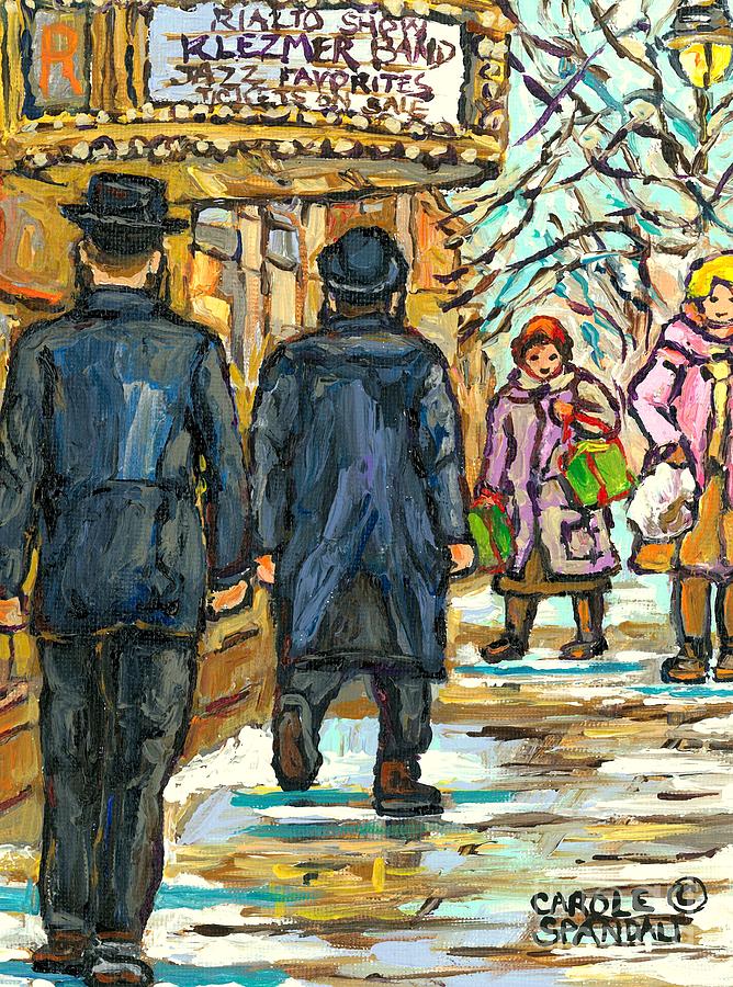 Klezmer Band Rialto Marquee Winter Scene The Jewish Street Park And Bernard Montreal Carole Spandau Painting by Carole Spandau