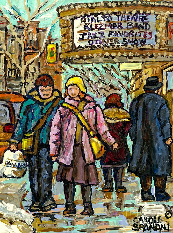 Klezmer Jazz Marquee Rialto Park Ave Winter Walk Girl In Pink Jacket Montreal  Art Carole Spandau  Painting by Carole Spandau