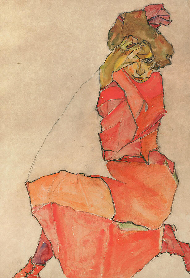 Kneeling Female in Orange-Red Dress, from 1910 Drawing by Egon Schiele