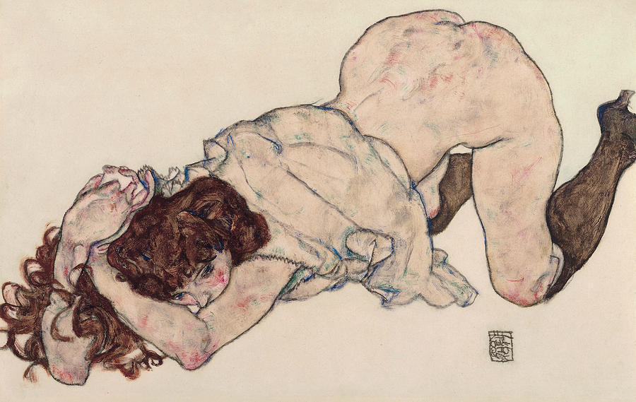 Kneeling Girl, Resting on Both Elbows Drawing by Egon Schiele