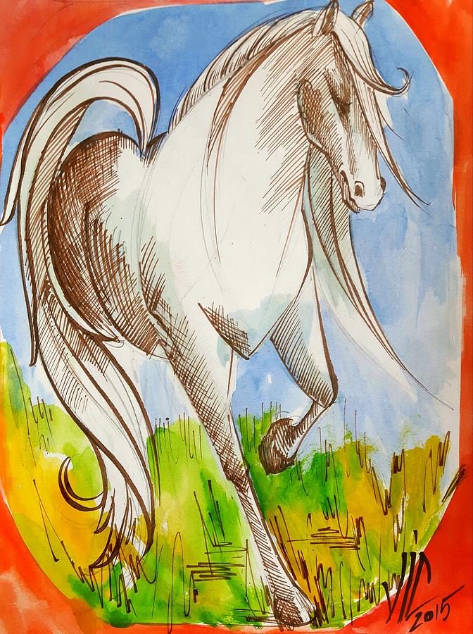 Chess art.White Knight.Horse .Chess piece. History of chess map. Painting by Vali Irina Ciobanu