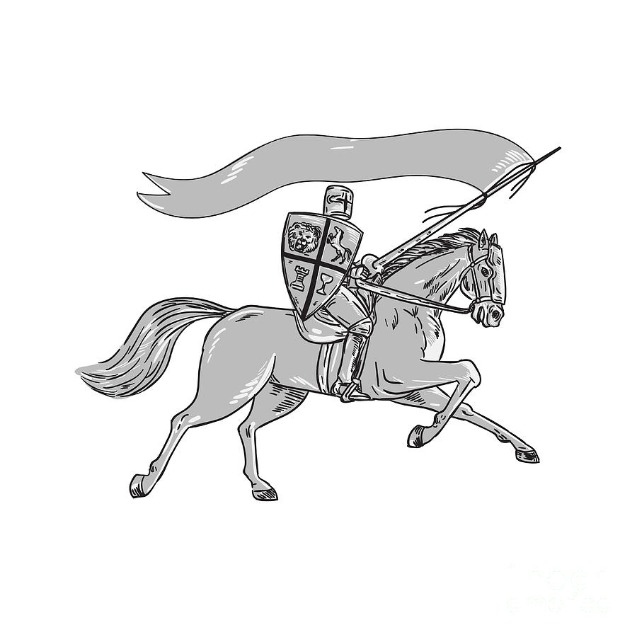 Knight Riding Horse Shield Lance Flag Retro Digital Art by Aloysius ...