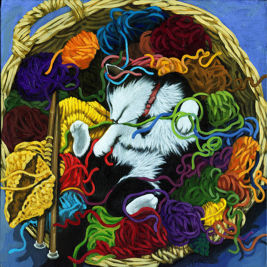 Knitters Helper - cat painting Painting by Linda Apple