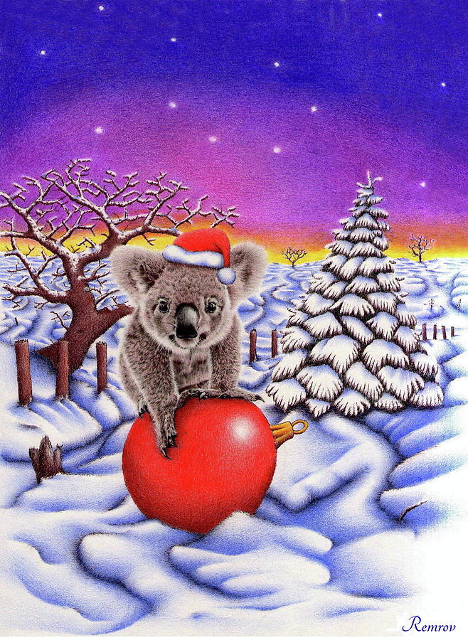 Koala Drawing - Koala on Christmas Ball by Casey Remrov Vormer