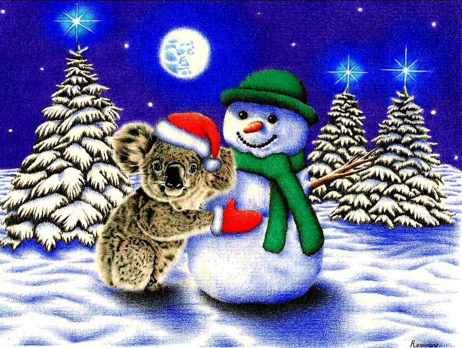 Koala with Snowman Drawing by Casey Remrov Vormer