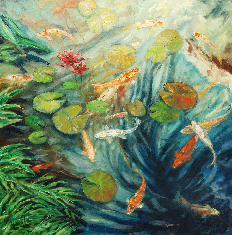 Koi and palm Painting by Rick Nederlof