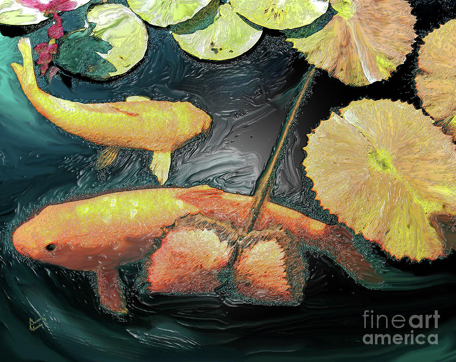 Koi and water Lily pads Painting by Bonnie Marie