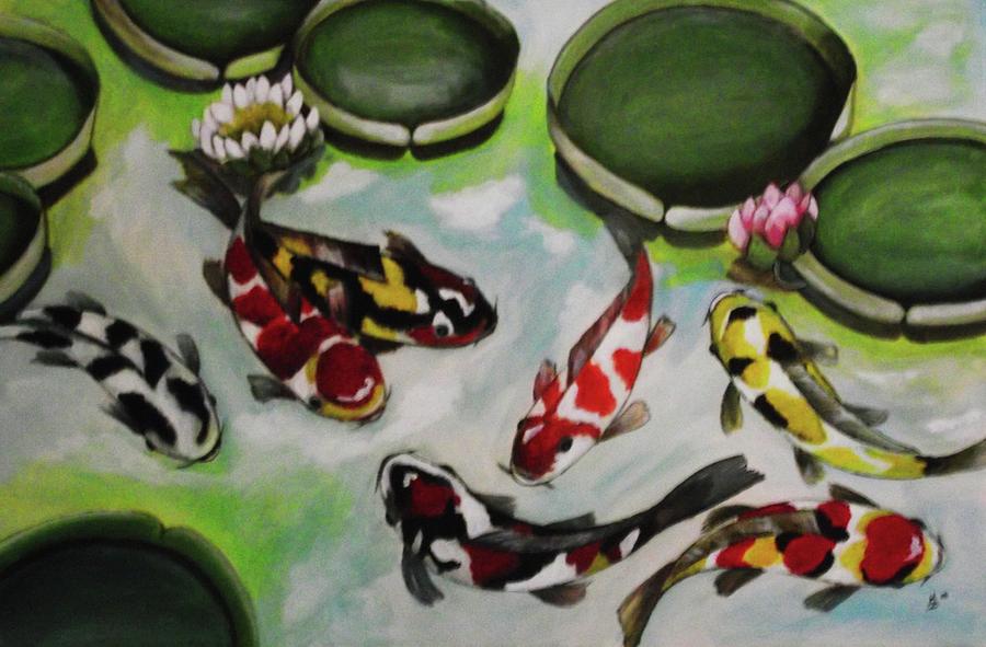 Fish Painting - Koi Fish in Lotus Pond by Kim Selig