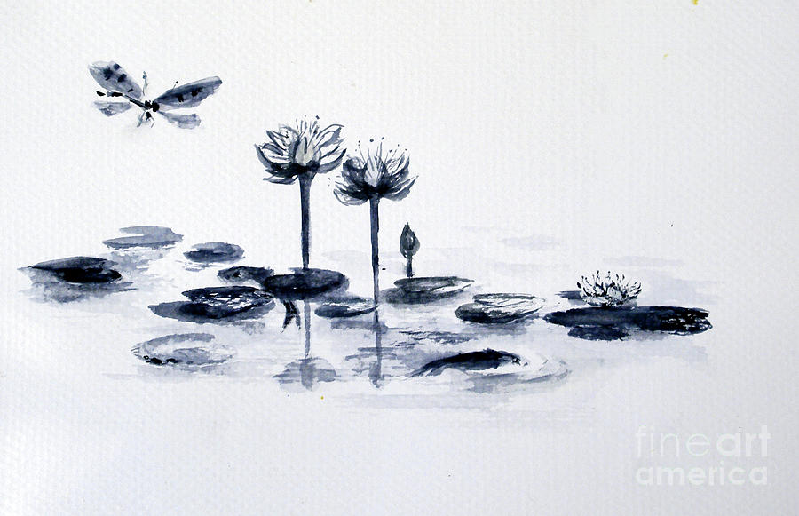 Koi Painting - Koi with waterlilies and flutterby by Sibby S
