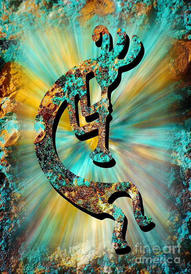 Kokopelli Turquoise and Gold Digital Art by Vicki Pelham