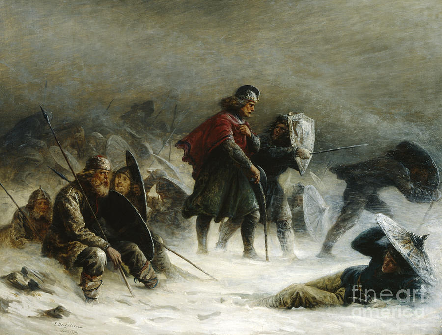 King Sverre in a blizzard in Vosse mountains  Painting by Knud Bergslien