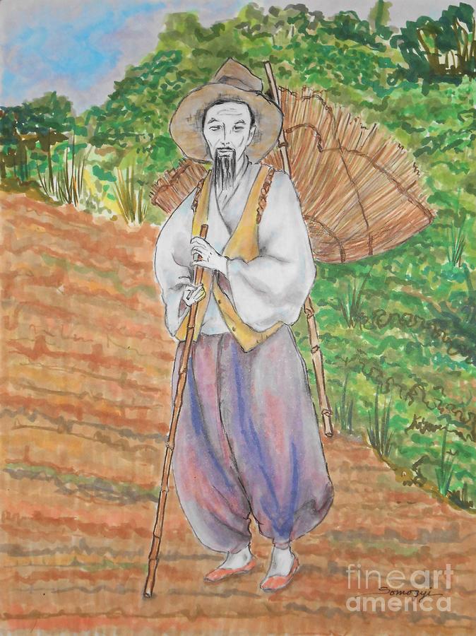 Korean Farmer -- Old Asian Man Outdoors Drawing by Jayne Somogy