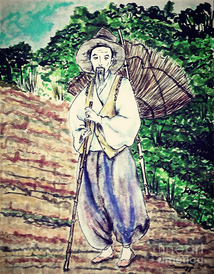 Korean Farmer -- Vintage Sunglow Painting by Jayne Somogy